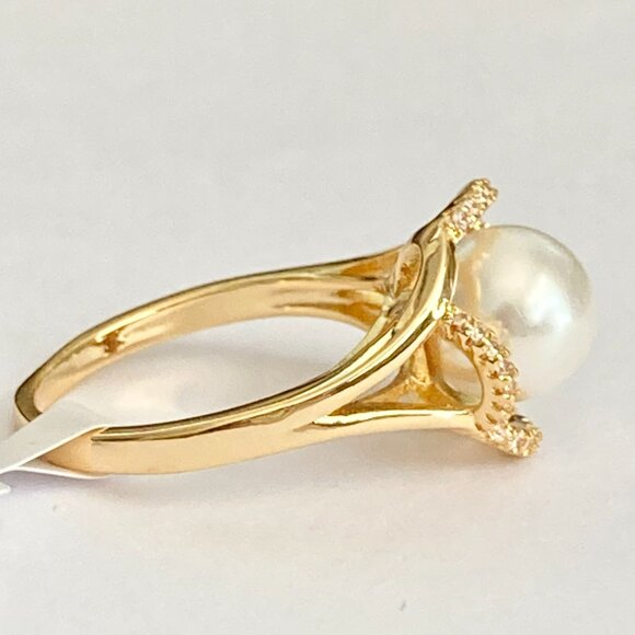 Art Deco Cubic Zirconia White Pearl Cocktail Ring Yellow Gold Plated Size 7 8 9 - Picture 8 of 16